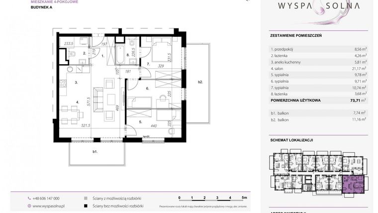 Rzut - Mieszkanie na sprzedaż 4 pokoje o powierzchni 73,71 m² - numer A7.9 w Wyspa Solna Etap III, budynek A