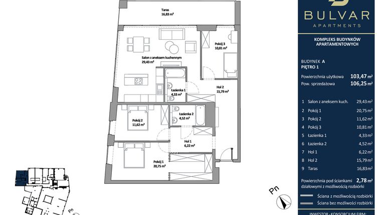 Rzut - Mieszkanie na sprzedaż 4 pokoje o powierzchni 103,47 m² - numer A.101 w Bulvar Apartments - etap I