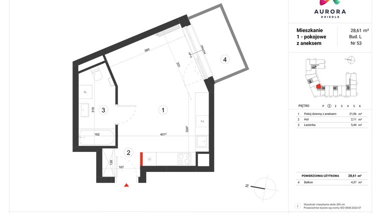 Rzut - Mieszkanie na sprzedaż 1 pokój o powierzchni 28,61 m² - numer L-53 w Osiedle Aurora - bud. L