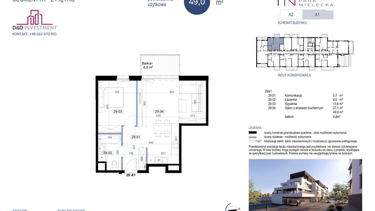 Rzut - Mieszkanie na sprzedaż 2 pokoje o powierzchni 49 m² - numer A1-29 w Park Mielecka