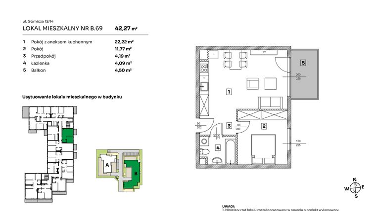 Rzut - Mieszkanie na sprzedaż 2 pokoje o powierzchni 42,27 m² - numer B.69 w Parkove Love