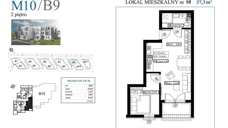 Rzut - Mieszkanie na sprzedaż 2 pokoje o powierzchni 37,3 m² - numer B9M10 w Przystań Rumia