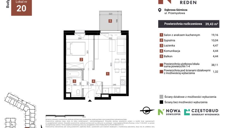 Rzut - Mieszkanie na sprzedaż 2 pokoje o powierzchni 39,43 m² - numer A20 w Nowy Reden