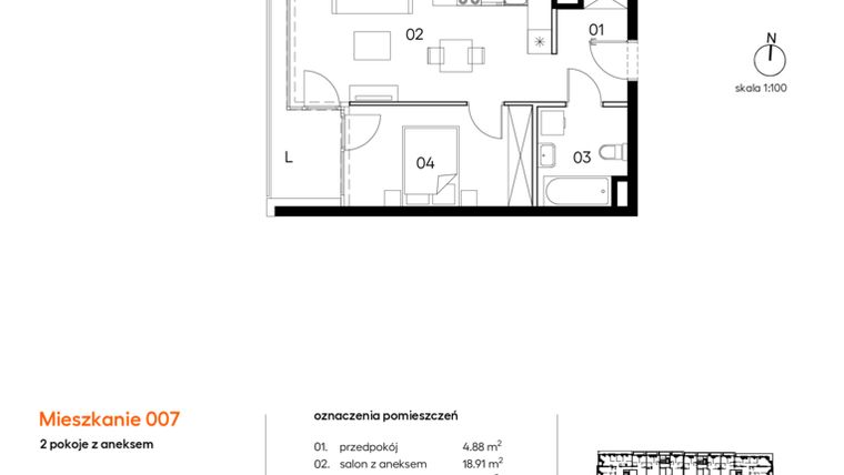 Rzut - Mieszkanie na sprzedaż 2 pokoje o powierzchni 40,22 m² - numer A.A007 w Miasto Polskich Mistrzów Olimpijskich II