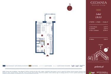 Rzut - Mieszkanie na sprzedaż 1 pokój o powierzchni 25,86 m² - numer I.B.3.2 w GEDANIA Riverside Living - apartamenty inwestycyjne