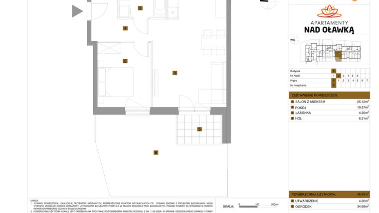 Rzut - Mieszkanie na sprzedaż 2 pokoje o powierzchni 46,2 m² - numer 31 w Apartamenty nad Oławką etap II