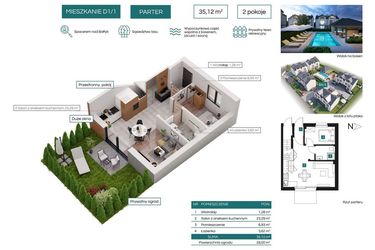 Rzut - Mieszkanie na sprzedaż 2 pokoje o powierzchni 34,44 m² - numer D1/1 w Bałtycka Oaza