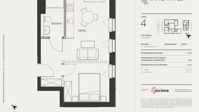 Rzut - Mieszkanie na sprzedaż 1 pokój o powierzchni 37,24 m² - numer 4.4 w Kamienna 28 - apartamenty inwestycyjne