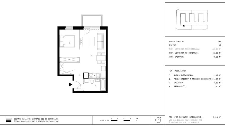 Rzut - Mieszkanie na sprzedaż 1 pokój o powierzchni 44,33 m² - numer 6.A10-194 w Jurowiecka 22