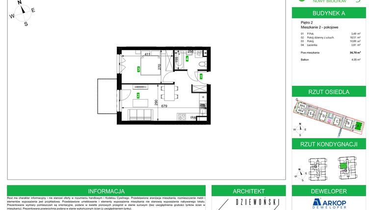 Rzut - Mieszkanie na sprzedaż 2 pokoje o powierzchni 36,7 m² - numer A/2/13 w Osiedle Parkowe Aleje etap III