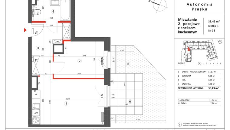 Rzut - Mieszkanie na sprzedaż 2 pokoje o powierzchni 38,43 m² - numer 33 w Autonomia Praska