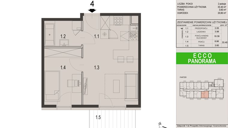 Rzut - Mieszkanie na sprzedaż 2 pokoje o powierzchni 33,4 m² - numer 4C w Ecco Panorama etap II budynki C, D