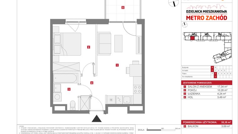 Rzut - Mieszkanie na sprzedaż 2 pokoje o powierzchni 35,35 m² - numer 13.1.A.7 w Dzielnica Mieszkaniowa Metro Zachód - etap 13