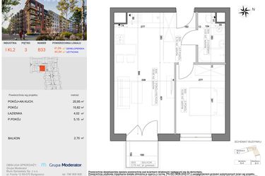 Rzut - Mieszkanie na sprzedaż 2 pokoje o powierzchni 40,94 m² - numer I-B33 w Industria etap I-B