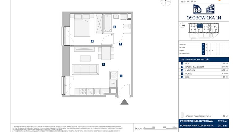 Rzut - Mieszkanie na sprzedaż 2 pokoje o powierzchni 37,71 m² - numer A.3 w Osobowicka 114