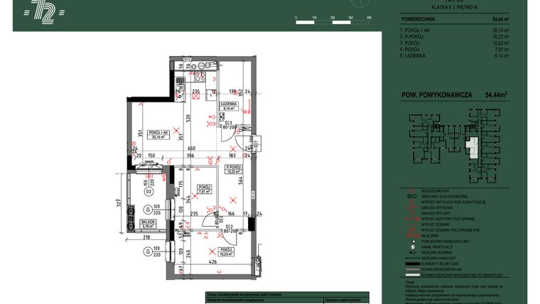 Rzut - Mieszkanie na sprzedaż 3 pokoje o powierzchni 54,44 m² - numer 69 w Wspólnota Mieszkaniowa Gajowa 72