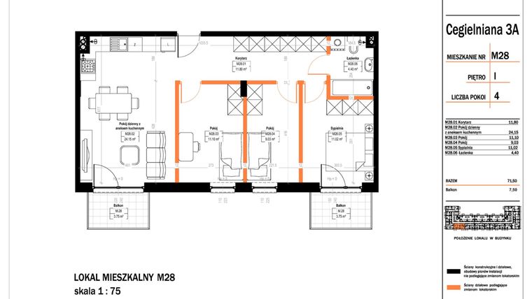 Rzut - Mieszkanie na sprzedaż 4 pokoje o powierzchni 71,5 m² - numer 28 w Osiedle StaLove etap II