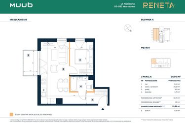 Rzut - Mieszkanie na sprzedaż 2 pokoje o powierzchni 39,86 m² - numer M08 w Reneta