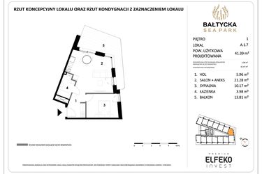 Rzut - Mieszkanie na sprzedaż 2 pokoje o powierzchni 41,39 m² - numer A.1.7 w Bałtycka Sea Park
