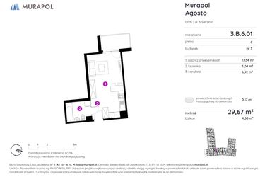 Rzut - Mieszkanie na sprzedaż 1 pokój o powierzchni 29,67 m² - numer 3.B.6.01 w Murapol Agosto