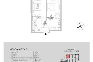 Rzut - Mieszkanie na sprzedaż 2 pokoje o powierzchni 42,84 m² - numer 7.4.3 w Osiedle Przyjemne IV