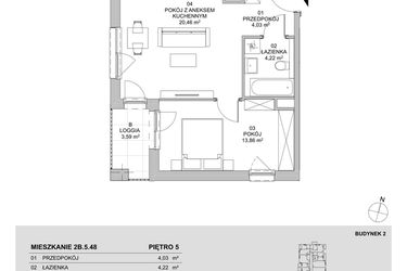 Rzut - Mieszkanie na sprzedaż 2 pokoje o powierzchni 42,57 m² - numer 2B.5.48 w Francuska Park VIIIA