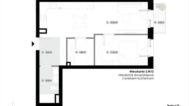 Rzut - Mieszkanie na sprzedaż 2 pokoje o powierzchni 51,24 m² - numer 2.M12 w Stalowa 76