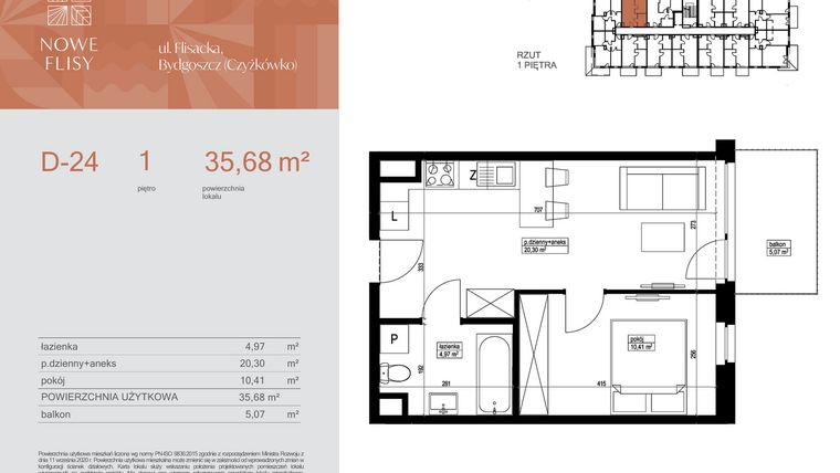 Rzut - Mieszkanie na sprzedaż 2 pokoje o powierzchni 35,68 m² - numer M24_NF.d w Nowe Flisy II