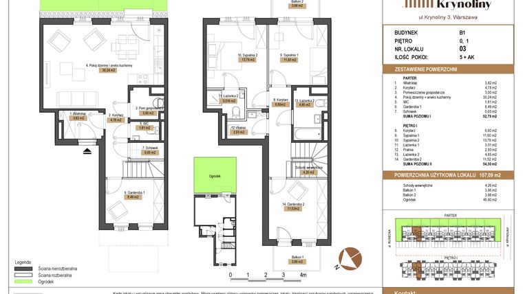 Rzut - Mieszkanie na sprzedaż 5 pokoi o powierzchni 107,09 m² - numer 03.B1 w Apartamenty Krynoliny