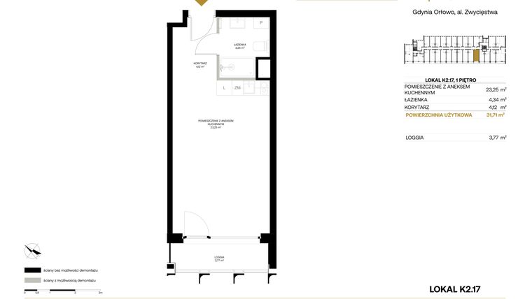 Rzut - Mieszkanie na sprzedaż 1 pokój o powierzchni 31,71 m² - numer K2.17 w Orłowo Square - Apartamenty inwestycyjne