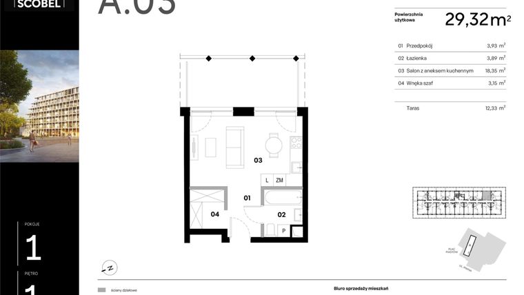 Rzut - Mieszkanie na sprzedaż 1 pokój o powierzchni 29,32 m² - numer A.03 w Browar HUGO SCOBEL