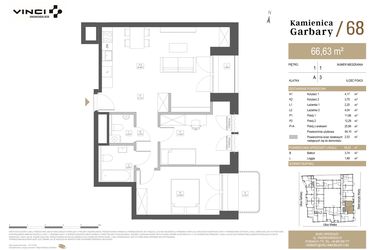 Rzut - Mieszkanie na sprzedaż 3 pokoje o powierzchni 66,63 m² - numer 1 w Garbary 68