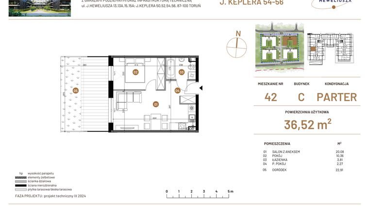 Rzut - Mieszkanie na sprzedaż 2 pokoje o powierzchni 36,52 m² - numer JAR-III-C-LM-M42 w Osiedle JAR Heweliusza etap III