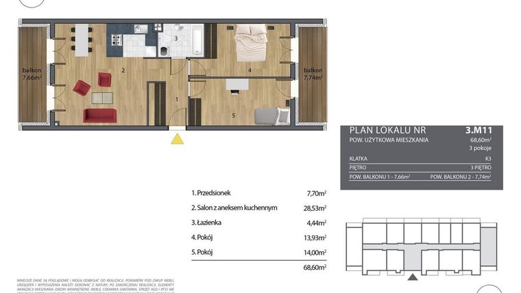 Rzut - Mieszkanie na sprzedaż 3 pokoje o powierzchni 69,85 m² - numer K3.3.M11 w Nyska Residence