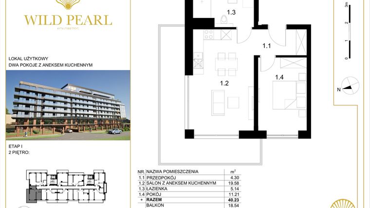 Rzut - Mieszkanie na sprzedaż 2 pokoje o powierzchni 40,23 m² - numer 2.1 w Wild Pearl