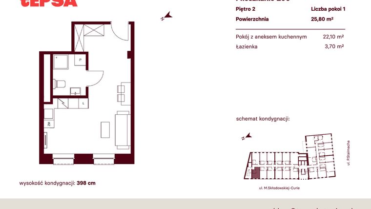 Rzut - Mieszkanie na sprzedaż 1 pokój o powierzchni 25,8 m² - numer M206 w Tepsa Kato