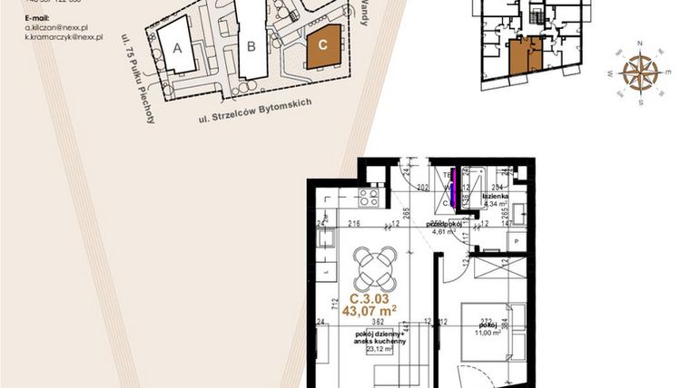 Rzut - Mieszkanie na sprzedaż 2 pokoje o powierzchni 43,07 m² - numer VC.3.03 w Vanda Park