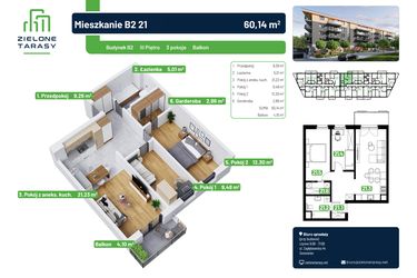 Rzut - Mieszkanie na sprzedaż 3 pokoje o powierzchni 60,14 m² - numer B2.21 w Zielone Tarasy