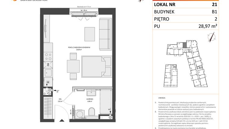 Rzut - Mieszkanie na sprzedaż 1 pokój o powierzchni 28,97 m² - numer B1.21 w Zajezdnia Motława
