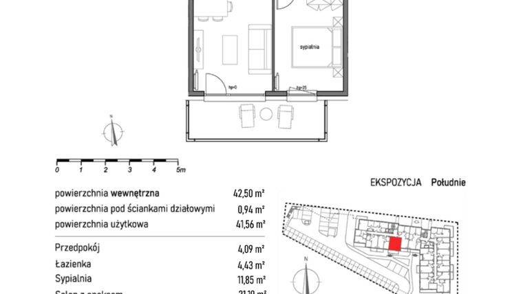 Rzut - Mieszkanie na sprzedaż 2 pokoje o powierzchni 42,5 m² - numer 1.3.2. w Dywizjonu 303