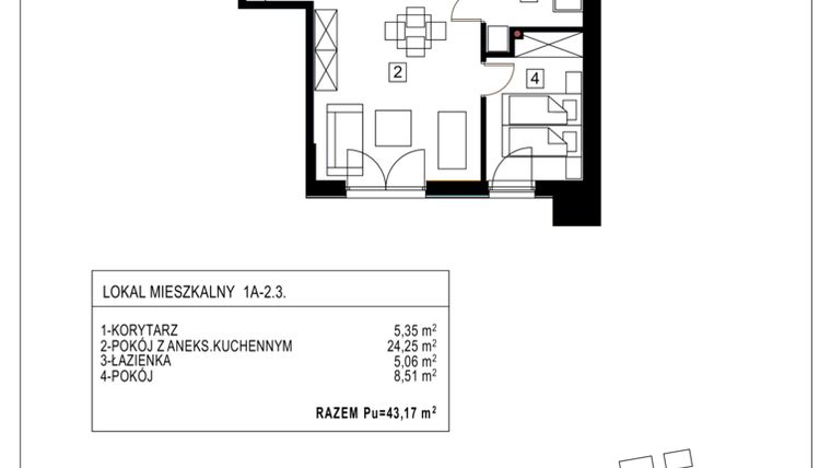 Rzut - Mieszkanie na sprzedaż 2 pokoje o powierzchni 43,17 m² - numer 1A-2.3 w Gardenia Pogodno