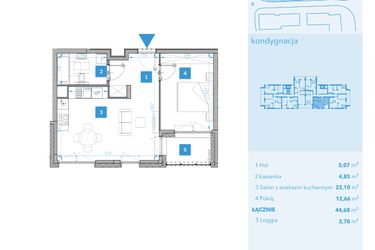 Rzut - Mieszkanie na sprzedaż 2 pokoje o powierzchni 44,68 m² - numer 34 w Apartamenty Macadamia
