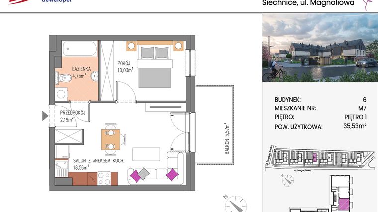 Rzut - Mieszkanie na sprzedaż 2 pokoje o powierzchni 35,53 m² - numer Bud.6-7 w Willa Magnolia