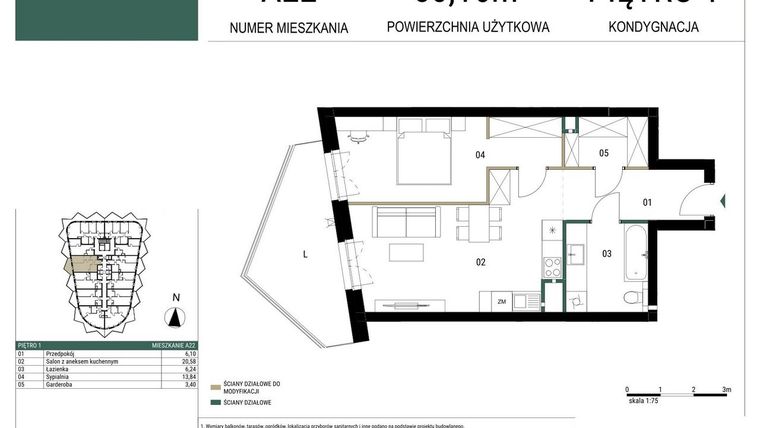 Rzut - Mieszkanie na sprzedaż 2 pokoje o powierzchni 50,16 m² - numer A22 w Drago