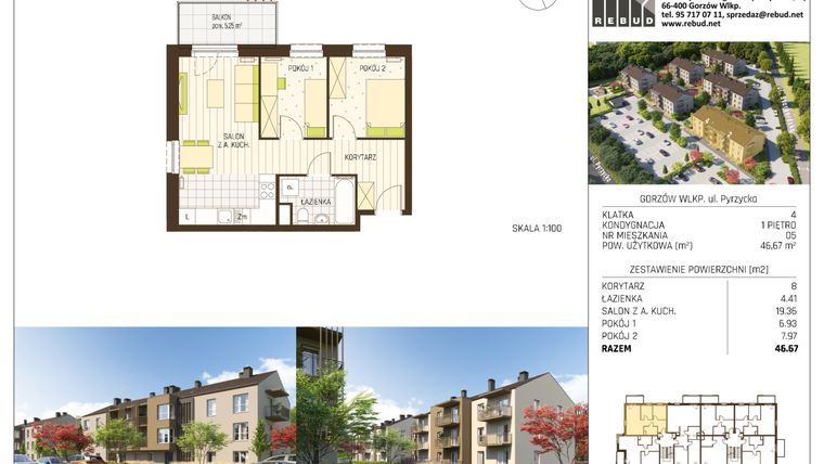 Rzut - Mieszkanie na sprzedaż 3 pokoje o powierzchni 46,67 m² - numer B1-K4-P1-M05 w Stargardzka
