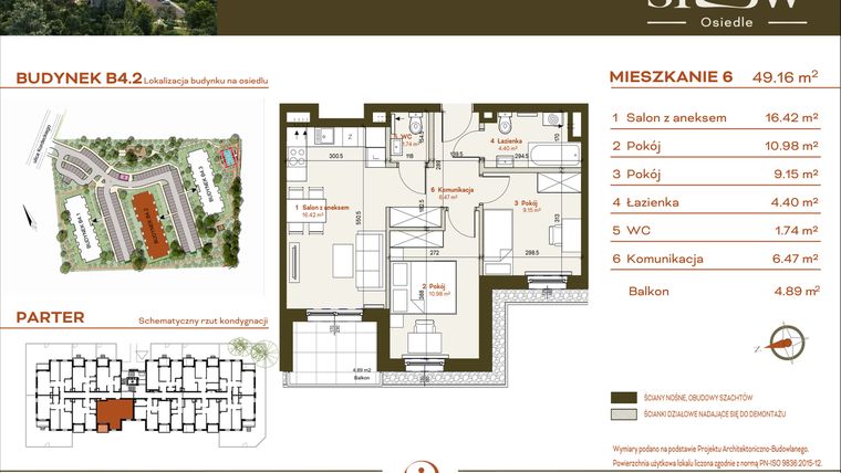 Rzut - Mieszkanie na sprzedaż 3 pokoje o powierzchni 49,16 m² - numer B4.2.6 w Osiedle SLOW