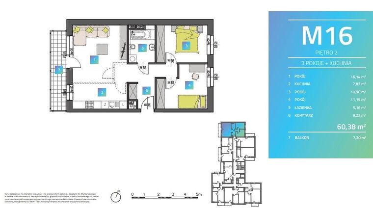Rzut - Mieszkanie na sprzedaż 3 pokoje o powierzchni 61,87 m² - numer M16 w Mi9