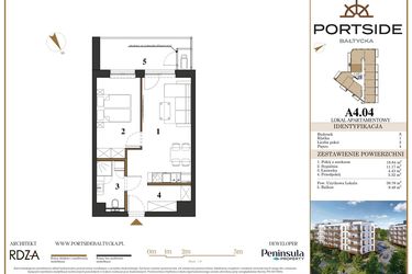Rzut - Mieszkanie na sprzedaż 2 pokoje o powierzchni 39,76 m² - numer A4.04 w Portside Bałtycka