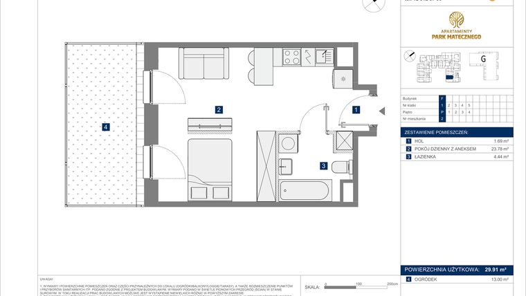 Rzut - Mieszkanie na sprzedaż 1 pokój o powierzchni 29,91 m² - numer F-2 w Apartamenty Park Matecznego Etap 2