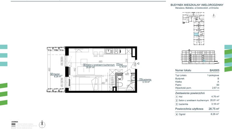 Rzut - Mieszkanie na sprzedaż 1 pokój o powierzchni 28,75 m² - numer BA0005 w Orneko
